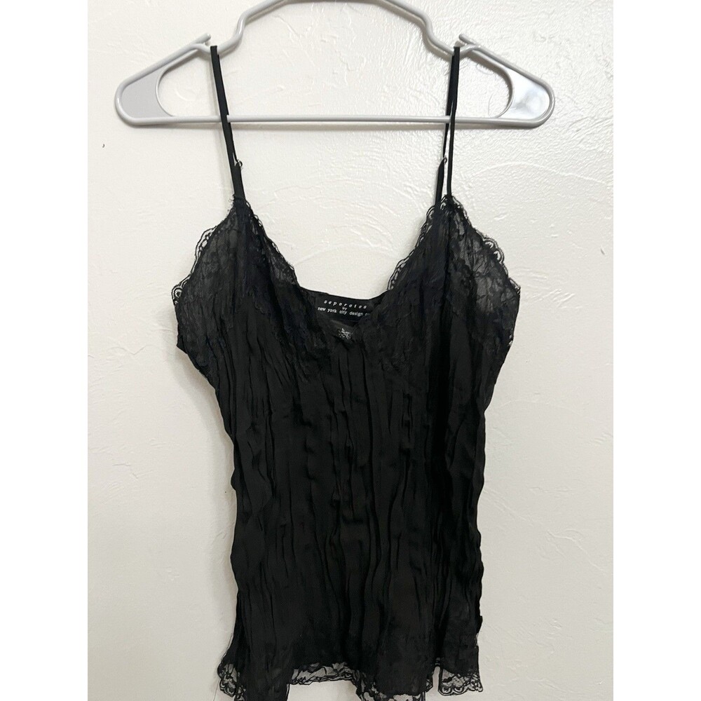 VTG Y2k Babydoll Top Black Crinkle Whimsigoth Lace Fairy Grunge Size Large Tank